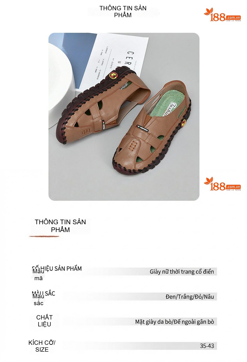 Giày Mọi Nữ Da Mềm Quai Hở Thủ Công Chiều Cao Đế Khoảng 2cm Màu Nâu, Trắng, Đen, Đỏ... chi tiết 3