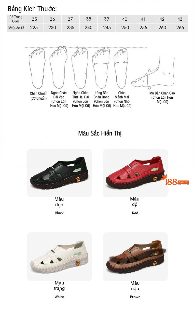 Giày Mọi Nữ Da Mềm Quai Hở Thủ Công Chiều Cao Đế Khoảng 2cm Màu Nâu, Trắng, Đen, Đỏ... chi tiết 4