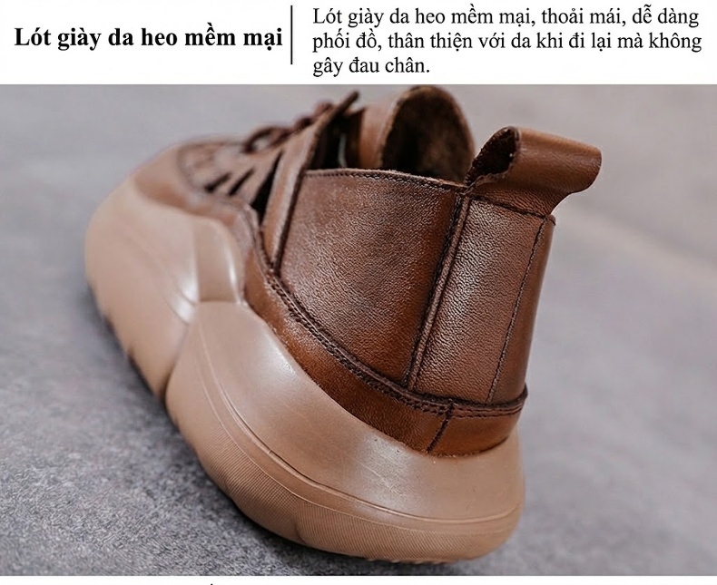 Giày Mọi Nữ Da Thật Thoáng Khí Lót Lỗ Chiều Cao Đế Khoảng 4cm Màu Xanh, Nâu, Đen, Kem chi tiết 6