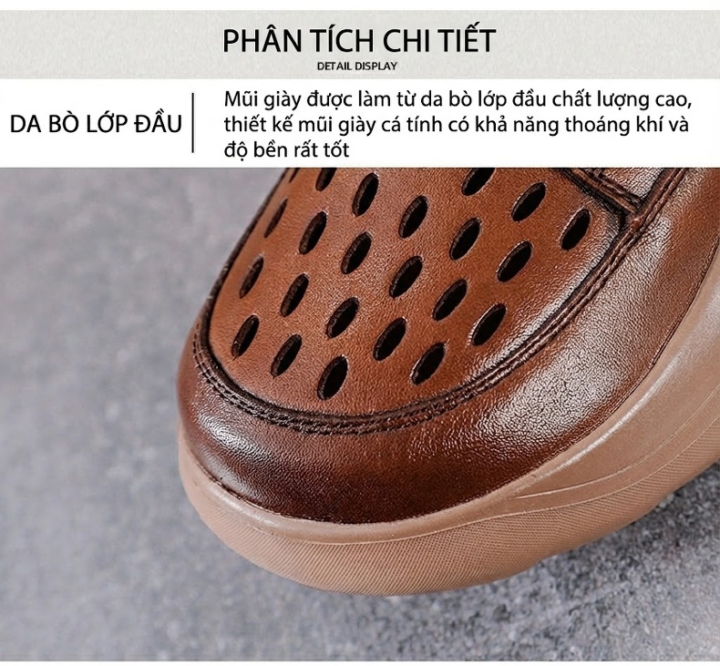Giày Mọi Nữ Da Thật Thoáng Khí Lót Lỗ Chiều Cao Đế Khoảng 4cm Màu Xanh, Nâu, Đen, Kem chi tiết 4