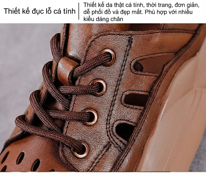 Giày Mọi Nữ Da Thật Thoáng Khí Lót Lỗ Chiều Cao Đế Khoảng 4cm Màu Xanh, Nâu, Đen, Kem chi tiết 5