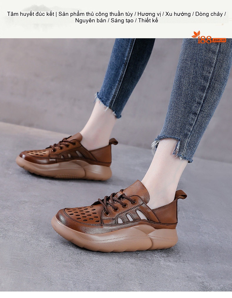 Giày Mọi Nữ Da Thật Thoáng Khí Lót Lỗ Chiều Cao Đế Khoảng 4cm Màu Xanh, Nâu, Đen, Kem chi tiết 1