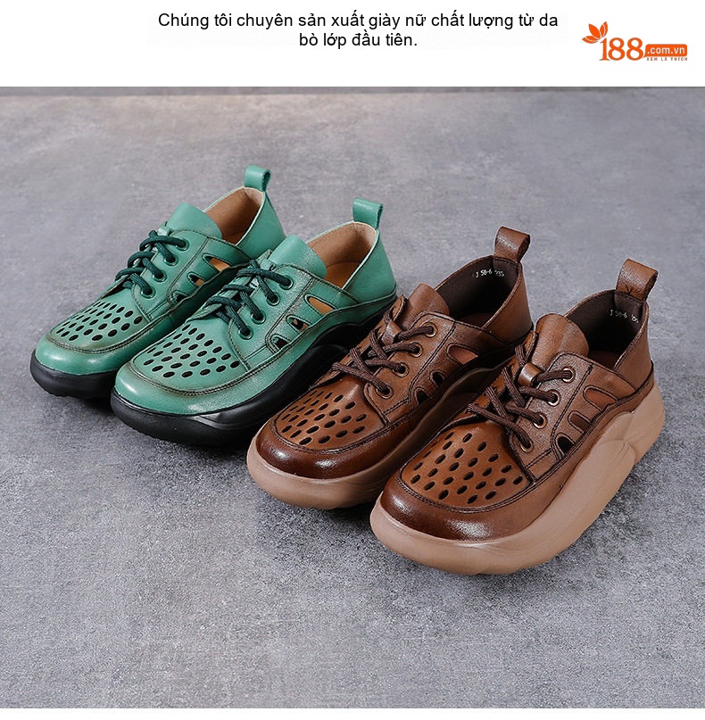 Giày Mọi Nữ Da Thật Thoáng Khí Lót Lỗ Chiều Cao Đế Khoảng 4cm Màu Xanh, Nâu, Đen, Kem chi tiết 2