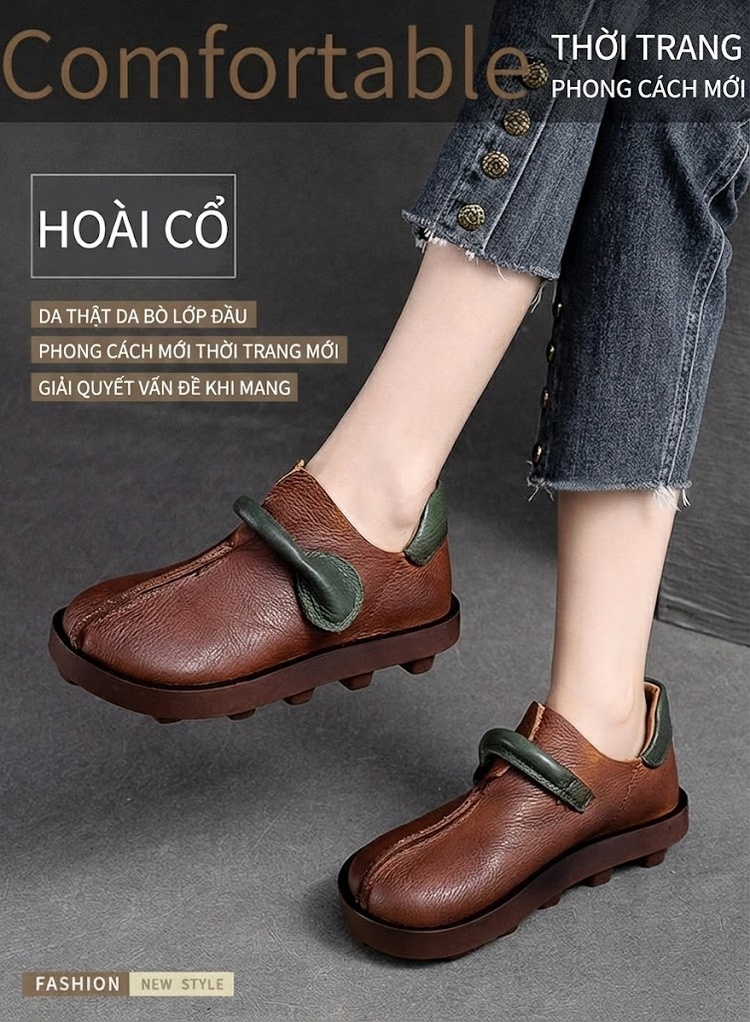Giày Mọi Nữ Phong Cách Anh Quốc Da Mờ Khóa Dán Chiều Cao Đế Khoảng 3cm Màu Đen, Nâu chi tiết 1