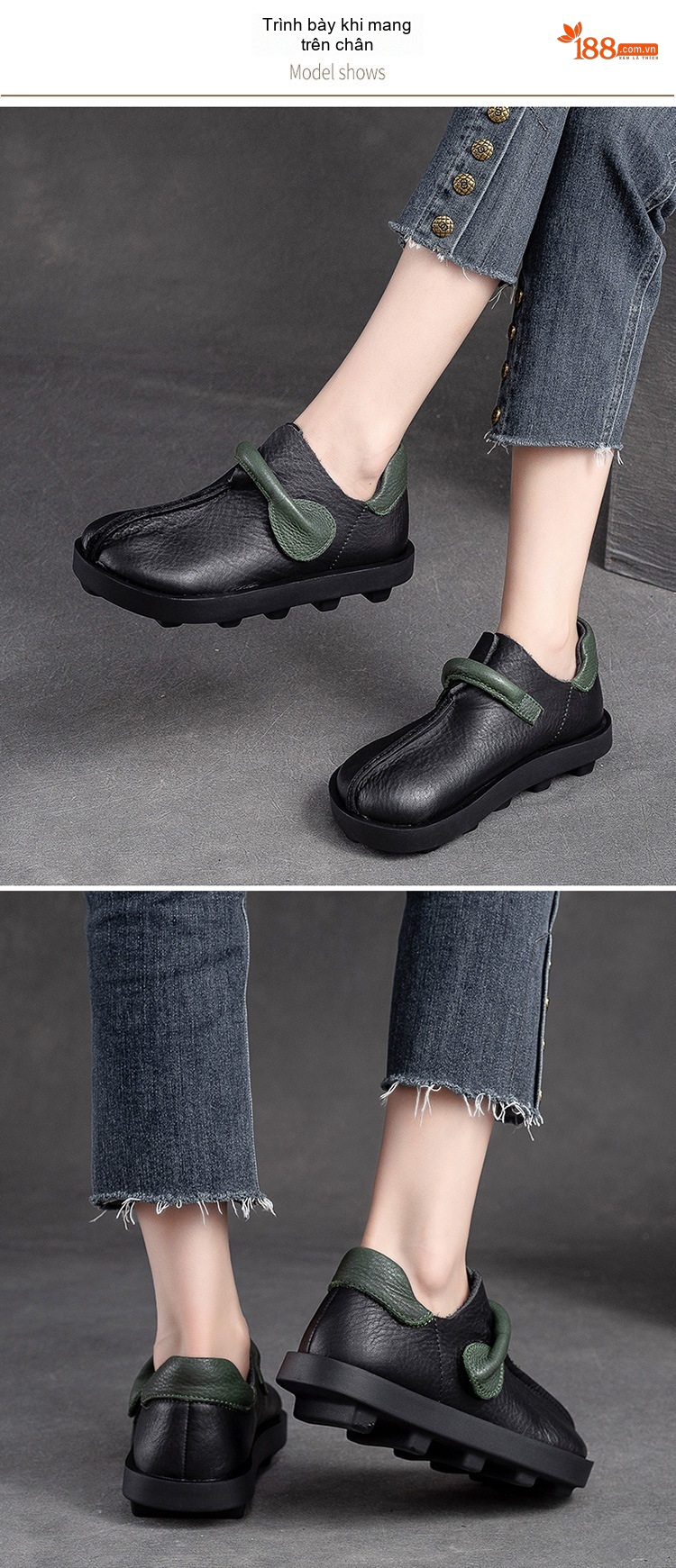 Giày Mọi Nữ Phong Cách Anh Quốc Da Mờ Khóa Dán Chiều Cao Đế Khoảng 3cm Màu Đen, Nâu chi tiết 6
