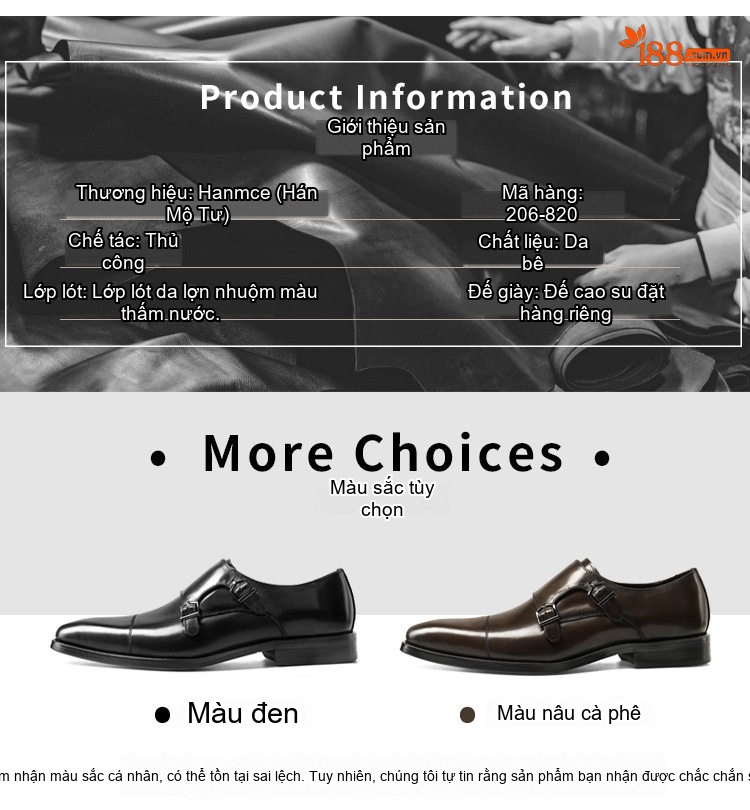 Giày Monk Strap Nam Da Bò Chiều Cao Đế Khoảng 3cm Màu Đen, Nâu chi tiết 4