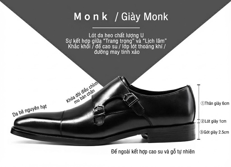 Giày Monk Strap Nam Da Bò Chiều Cao Đế Khoảng 3cm Màu Đen, Nâu chi tiết 2