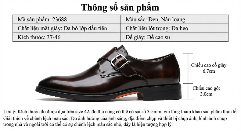 Giày Monk Strap Nam Da Bóng Chiều Cao Đế Khoảng 3cm Màu Đen chi tiết 2