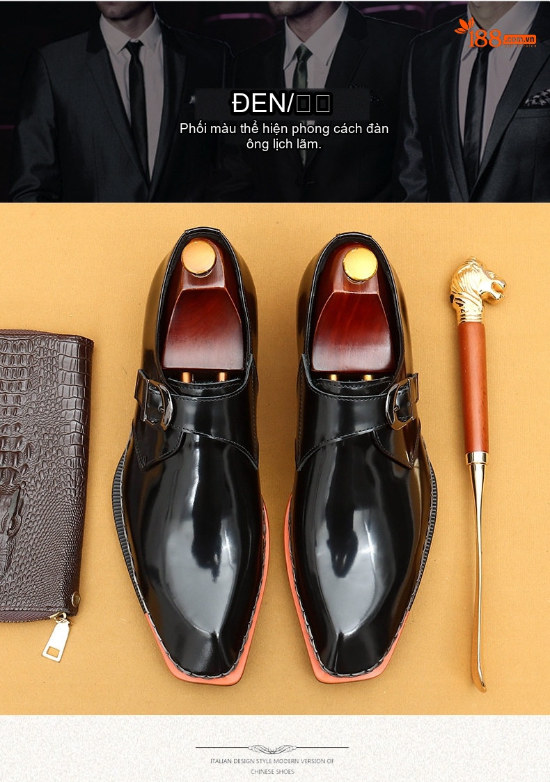Giày Monk Strap Nam Da Bóng Chiều Cao Đế Khoảng 3cm Màu Đen chi tiết 4