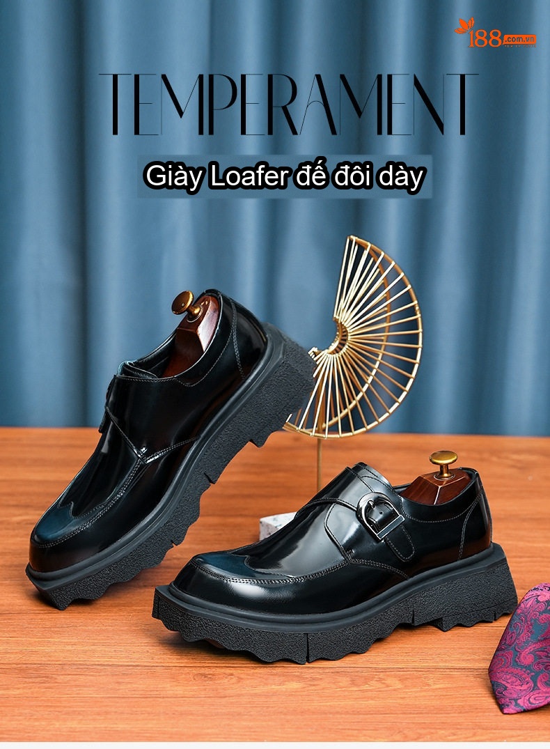 Giày Monk Strap Nam Da Bóng Chiều Cao Đế Khoảng 4cm Màu Đen, Nâu chi tiết 1