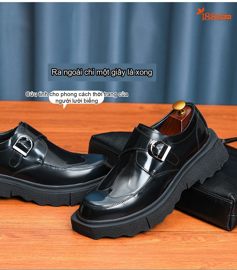 Giày Monk Strap Nam Da Bóng Chiều Cao Đế Khoảng 4cm Màu Đen, Nâu chi tiết 6