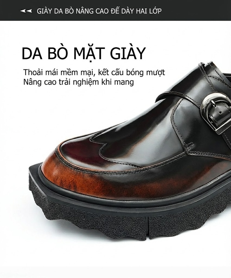 Giày Monk Strap Nam Da Bóng Chiều Cao Đế Khoảng 4cm Màu Đen, Nâu chi tiết 7