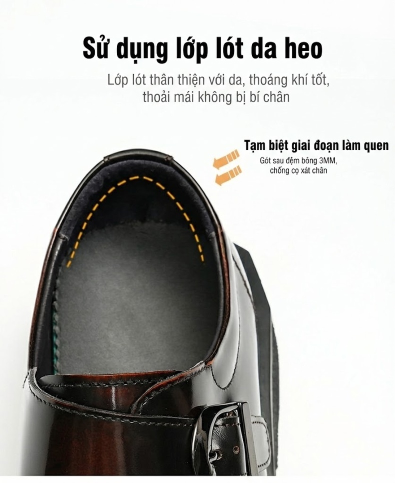 Giày Monk Strap Nam Da Bóng Chiều Cao Đế Khoảng 4cm Màu Đen, Nâu chi tiết 8