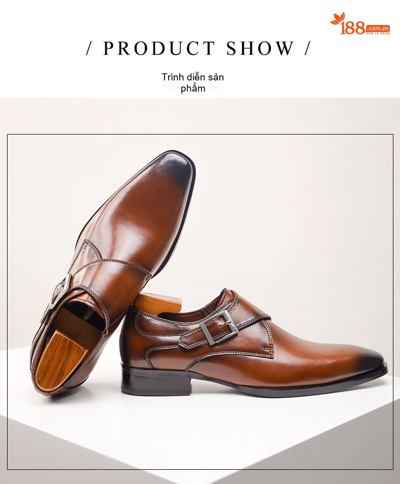 Giày Monk Strap Nam Da Bóng Chiều Cao Đế Khoảng 3cm Màu Nâu chi tiết 3