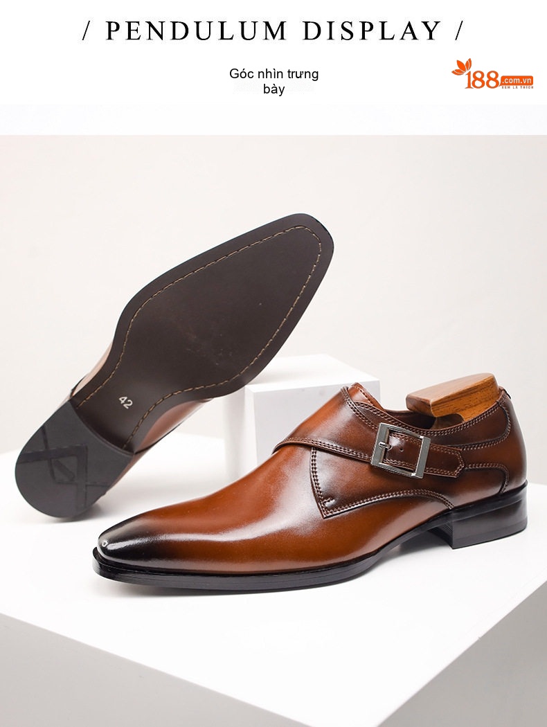 Giày Monk Strap Nam Da Bóng Chiều Cao Đế Khoảng 3cm Màu Nâu chi tiết 6