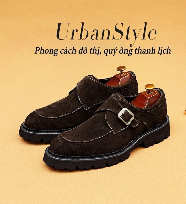 Giày Monk Strap Nam Da Mờ Mũi Nhọn Chiều Cao Đế Khoảng 4cm Màu Đen, Nâu chi tiết 1