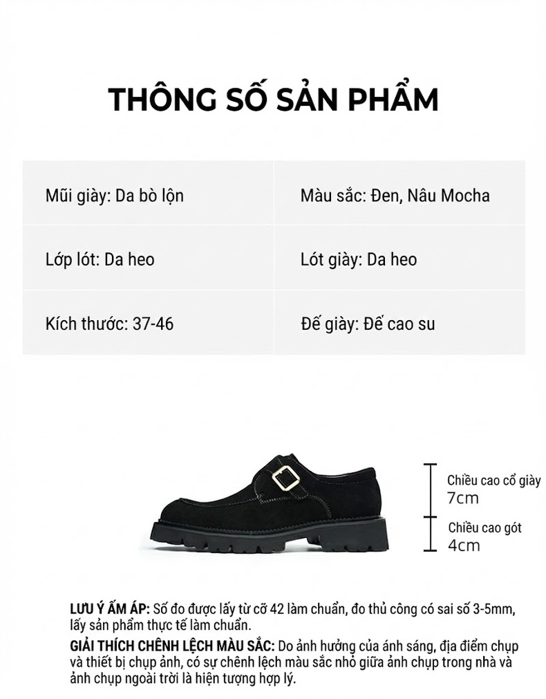 Giày Monk Strap Nam Da Mờ Mũi Nhọn Chiều Cao Đế Khoảng 4cm Màu Đen, Nâu chi tiết 2
