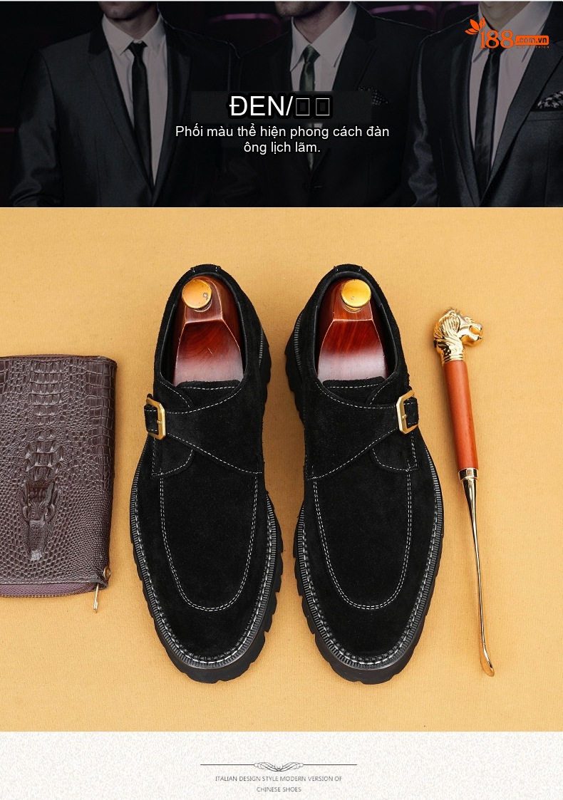 Giày Monk Strap Nam Da Mờ Mũi Nhọn Chiều Cao Đế Khoảng 4cm Màu Đen, Nâu chi tiết 4