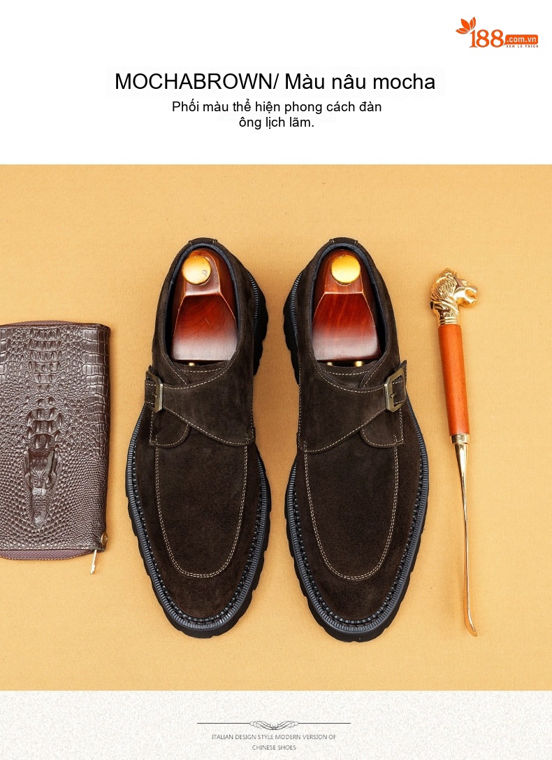 Giày Monk Strap Nam Da Mờ Mũi Nhọn Chiều Cao Đế Khoảng 4cm Màu Đen, Nâu chi tiết 12