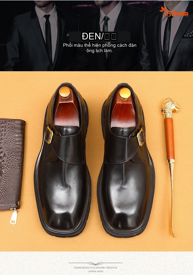 Giày Monk Strap Nam Da Thật Mũi Vuông Chiều Cao Đế Khoảng 3cm Màu Đen, Nâu chi tiết 4