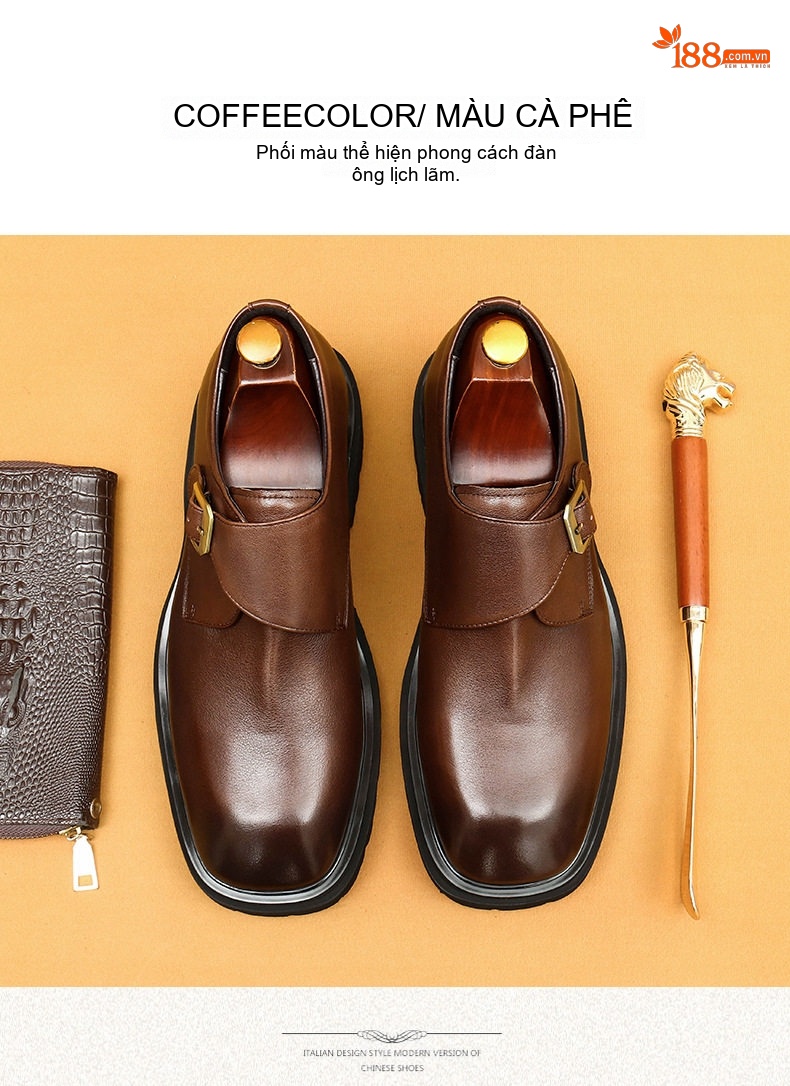 Giày Monk Strap Nam Da Thật Mũi Vuông Chiều Cao Đế Khoảng 3cm Màu Đen, Nâu chi tiết 12