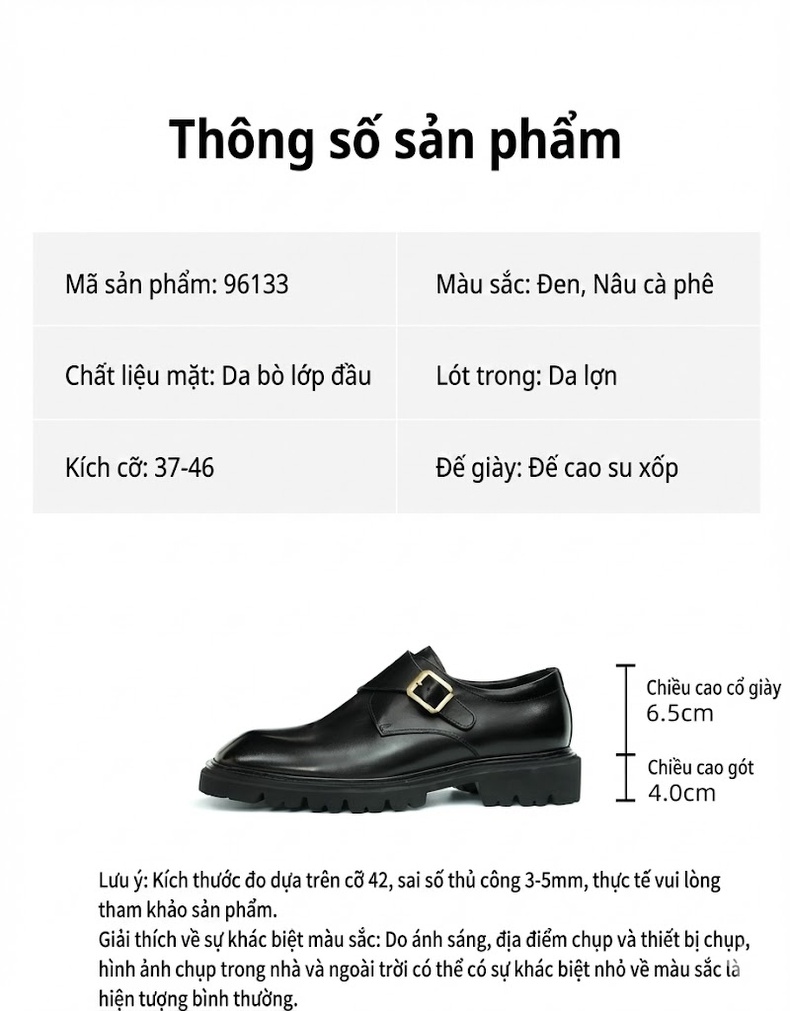 Giày Monk Strap Nam Da Thật Mũi Vuông Chiều Cao Đế Khoảng 3cm Màu Đen, Nâu chi tiết 2