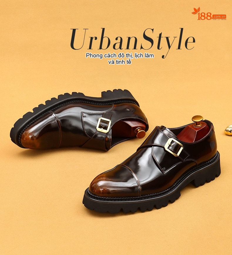 Giày Monkstrap Khóa Cài Nam Da Bò Bóng Ba Mảnh Chiều Cao Đế Khoảng 4cm Màu Đen, Nâu chi tiết 1