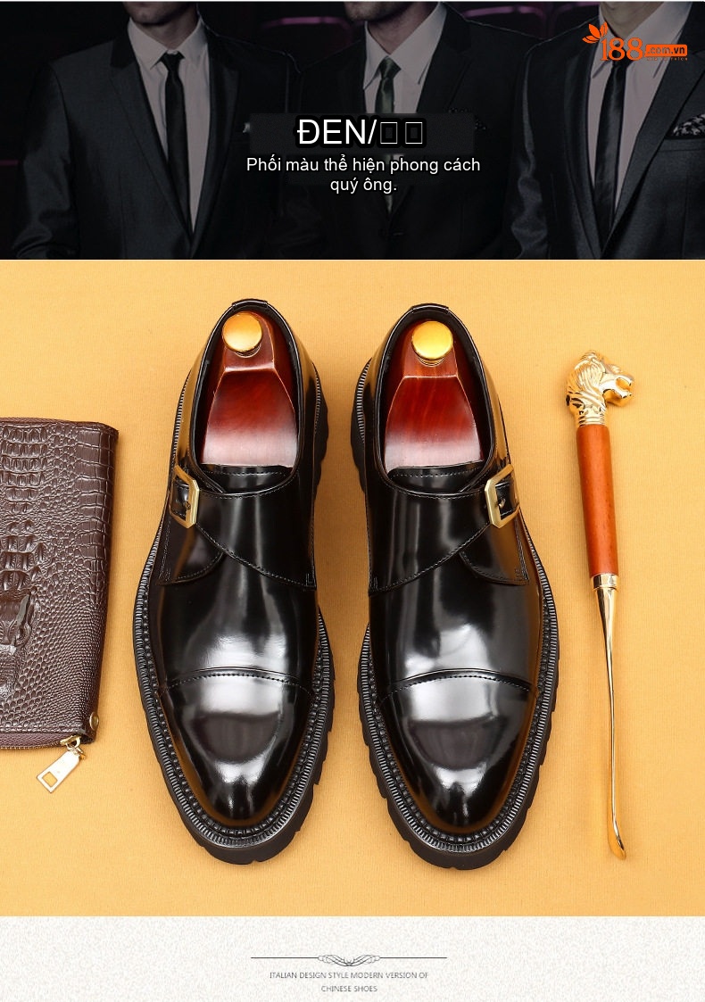 Giày Monkstrap Khóa Cài Nam Da Bò Bóng Ba Mảnh Chiều Cao Đế Khoảng 4cm Màu Đen, Nâu chi tiết 4
