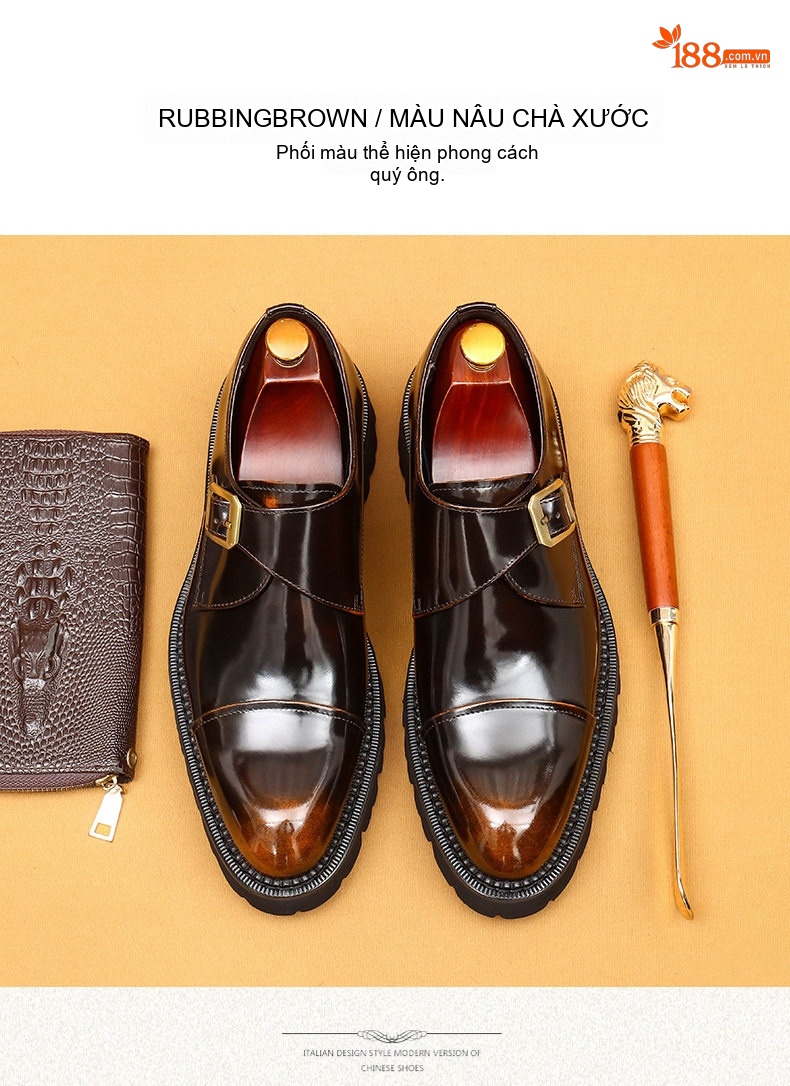 Giày Monkstrap Khóa Cài Nam Da Bò Bóng Ba Mảnh Chiều Cao Đế Khoảng 4cm Màu Đen, Nâu chi tiết 12