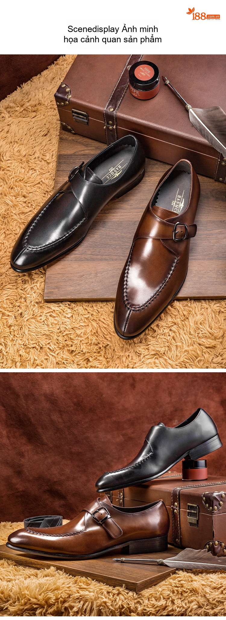 Giày Monkstrap Khóa Cài Nam Da Bò Chiều Cao Đế Khoảng 3cm Màu Đen, Nâu chi tiết 6