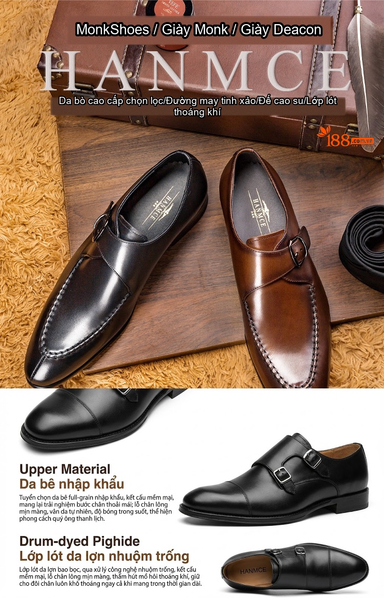 Giày Monkstrap Khóa Cài Nam Da Bò Chiều Cao Đế Khoảng 3cm Màu Đen, Nâu chi tiết 1