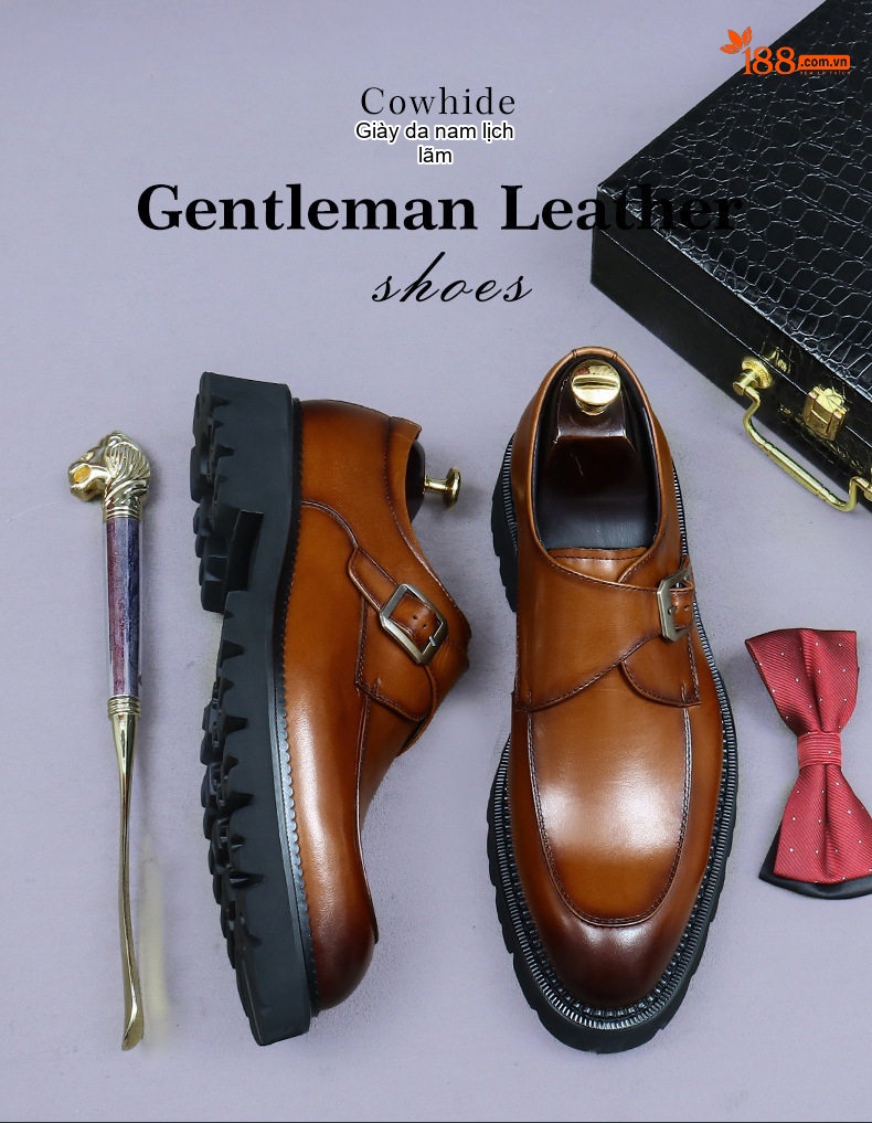 Giày Monkstrap Khóa Cài Nam Da Bò Mũi Tròn Công Sở Chiều Cao Đế Khoảng 4cm Màu Đen, Nâu chi tiết 1