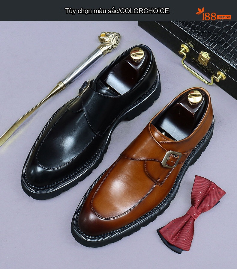 Giày Monkstrap Khóa Cài Nam Da Bò Mũi Tròn Công Sở Chiều Cao Đế Khoảng 4cm Màu Đen, Nâu chi tiết 2
