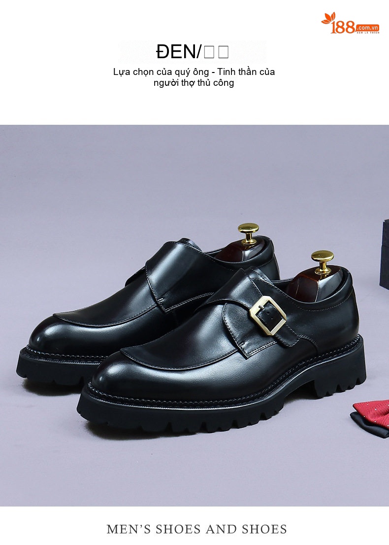 Giày Monkstrap Khóa Cài Nam Da Bò Mũi Tròn Công Sở Chiều Cao Đế Khoảng 4cm Màu Đen, Nâu chi tiết 4