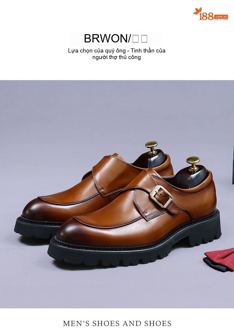 Giày Monkstrap Khóa Cài Nam Da Bò Mũi Tròn Công Sở Chiều Cao Đế Khoảng 4cm Màu Đen, Nâu chi tiết 11