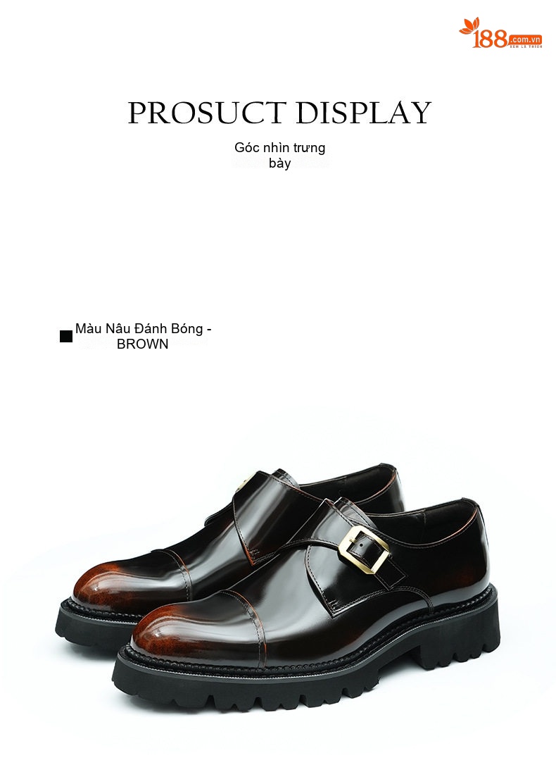 Giày Monkstrap Khóa Cài Nam Da Bóng Chiều Cao Đế Khoảng 4cm Màu Đen, Nâu Đỏ chi tiết 9