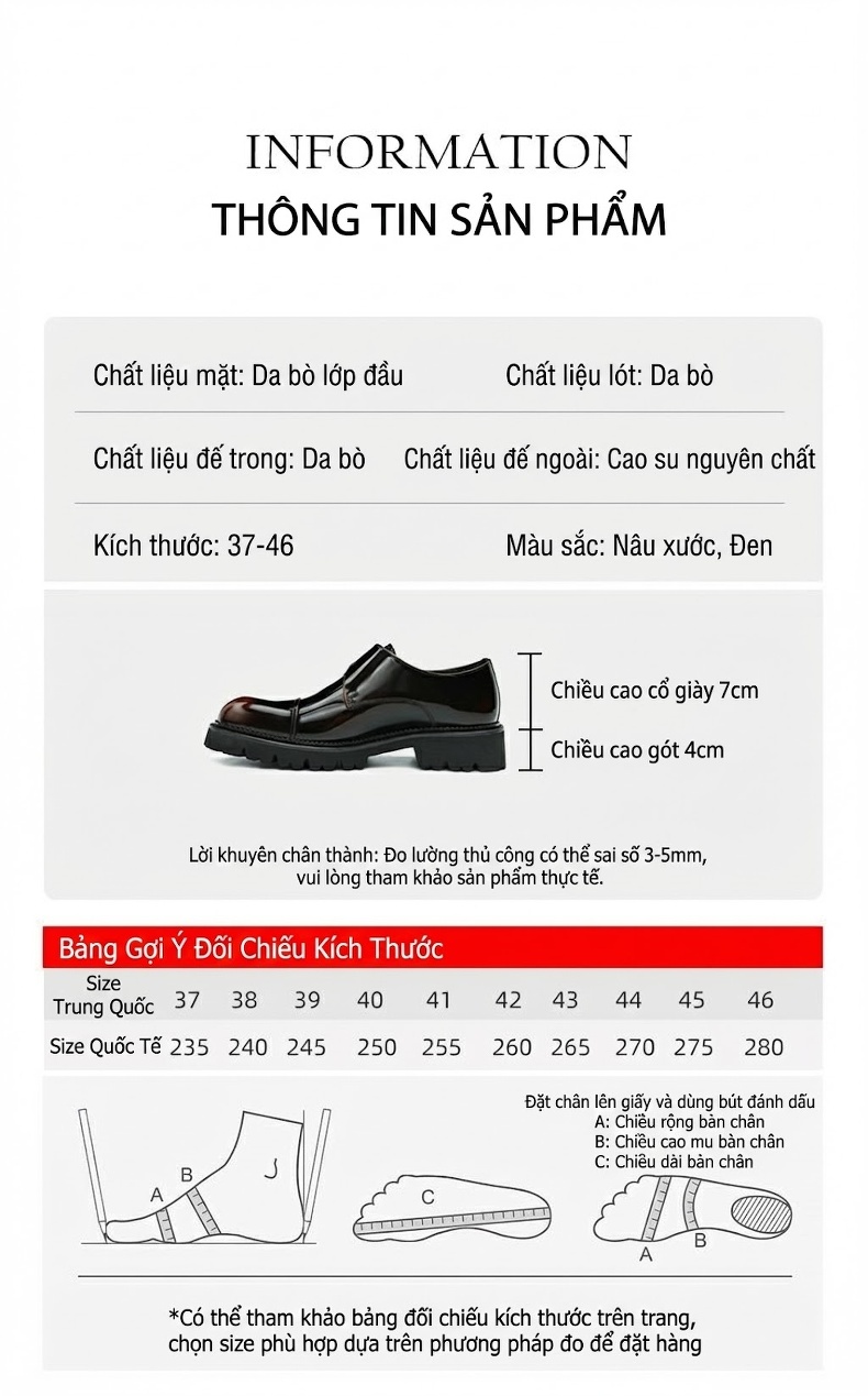 Giày Monkstrap Khóa Cài Nam Da Bóng Chiều Cao Đế Khoảng 4cm Màu Đen, Nâu Đỏ chi tiết 8