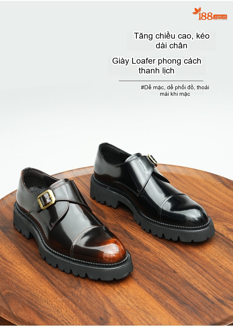 Giày Monkstrap Khóa Cài Nam Da Bóng Chiều Cao Đế Khoảng 4cm Màu Đen, Nâu Đỏ chi tiết 1