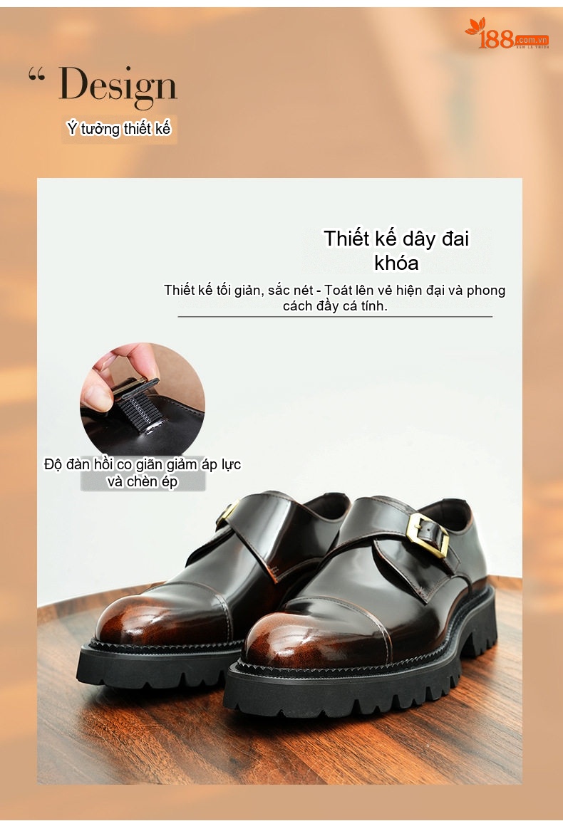 Giày Monkstrap Khóa Cài Nam Da Bóng Chiều Cao Đế Khoảng 4cm Màu Đen, Nâu Đỏ chi tiết 2