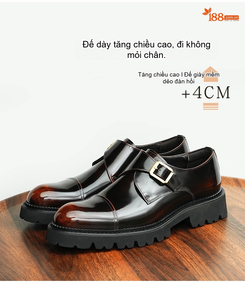 Giày Monkstrap Khóa Cài Nam Da Bóng Chiều Cao Đế Khoảng 4cm Màu Đen, Nâu Đỏ chi tiết 3