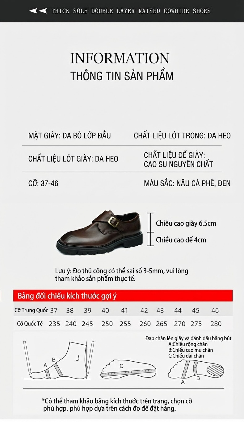 Giày Monkstrap Khóa Cài Nam Da Bóng Đế Dày Chiều Cao Đế Khoảng 4cm Màu Đen, Nâu chi tiết 7