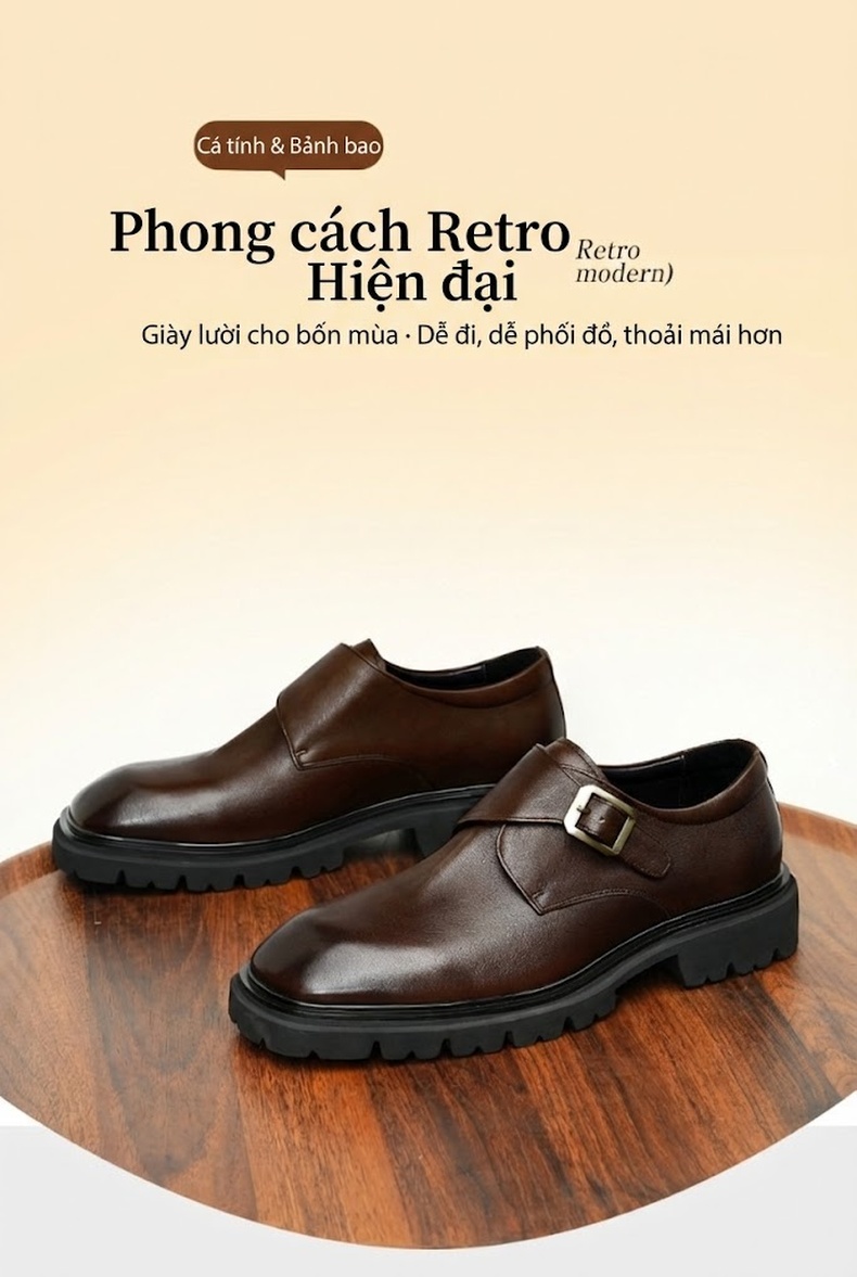 Giày Monkstrap Khóa Cài Nam Da Bóng Đế Dày Chiều Cao Đế Khoảng 4cm Màu Đen, Nâu chi tiết 1