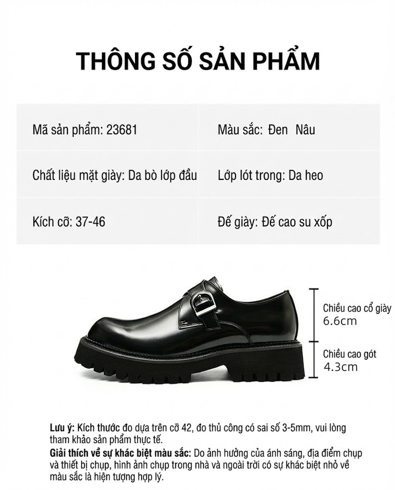 Giày Monkstrap Khóa Cài Nam Da Bóng Đế Cao Chiều Cao Đế Khoảng 4cm Màu Đen chi tiết 2