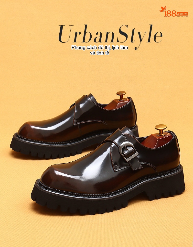 Giày Monkstrap Khóa Cài Nam Da Bóng Đế Cao Chiều Cao Đế Khoảng 4cm Màu Đen chi tiết 1