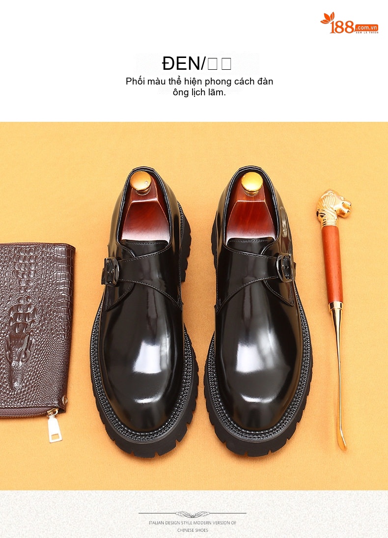 Giày Monkstrap Khóa Cài Nam Da Bóng Đế Cao Chiều Cao Đế Khoảng 4cm Màu Đen chi tiết 13