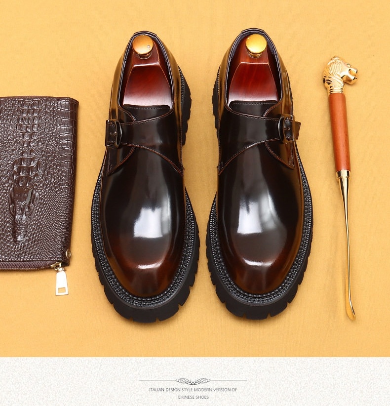 Giày Monkstrap Khóa Cài Nam Da Bóng Đế Cao Chiều Cao Đế Khoảng 4cm Màu Đen chi tiết 5