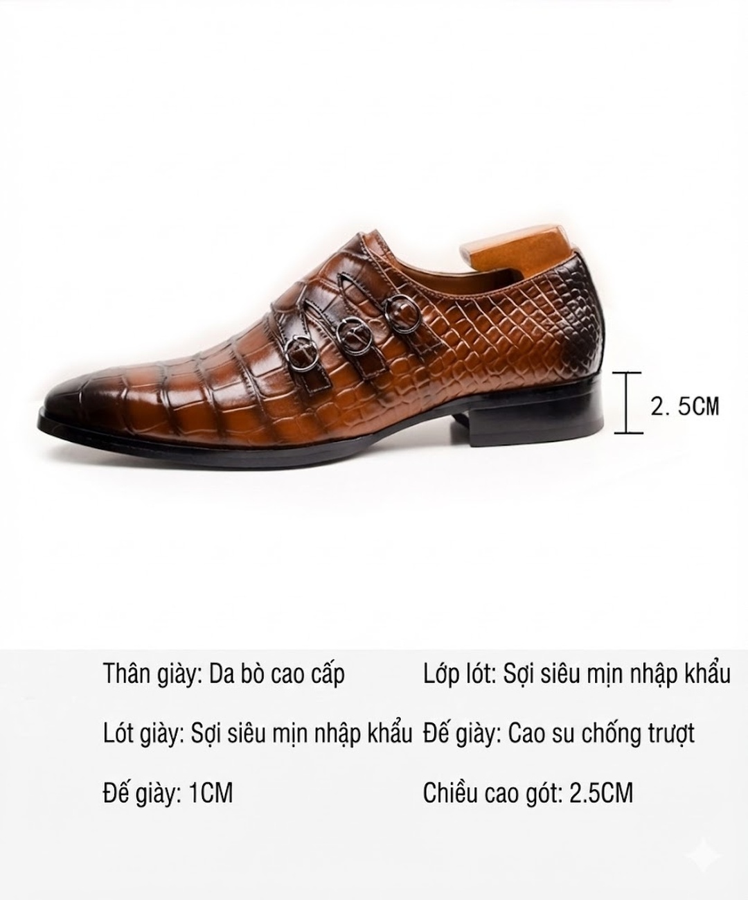 Giày Monkstrap Khóa Cài Nam Da Dập Vân Chiều Cao Đế Khoảng 3cm Màu Nâu chi tiết 10