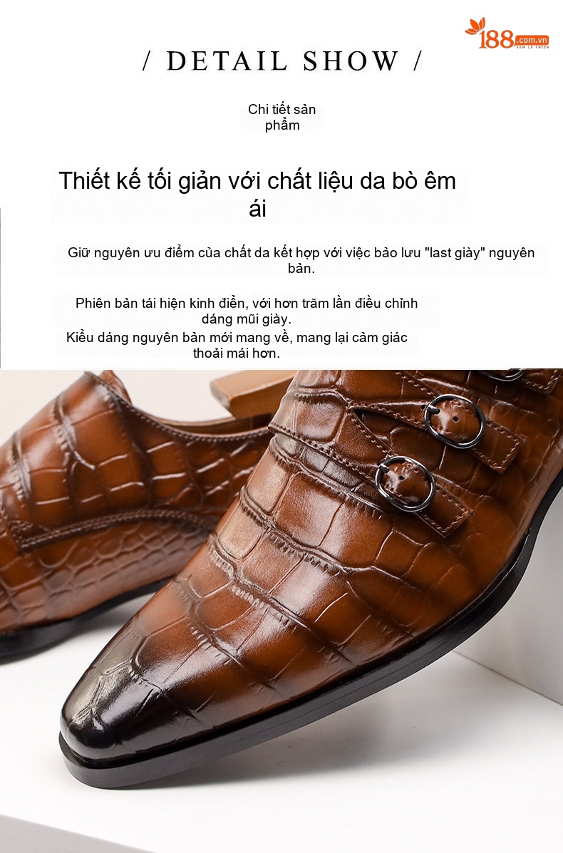 Giày Monkstrap Khóa Cài Nam Da Dập Vân Chiều Cao Đế Khoảng 3cm Màu Nâu chi tiết 4