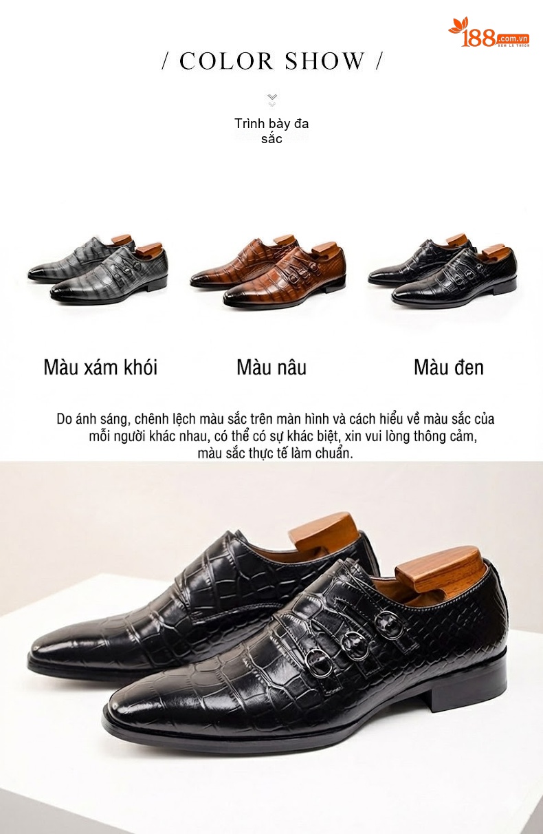 Giày Monkstrap Khóa Cài Nam Da Dập Vân Chiều Cao Đế Khoảng 3cm Màu Nâu chi tiết 9