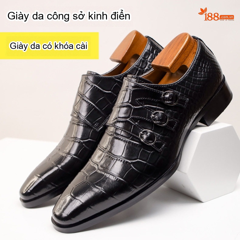 Giày Monkstrap Khóa Cài Nam Da Dập Vân Chiều Cao Đế Khoảng 3cm Màu Nâu chi tiết 2